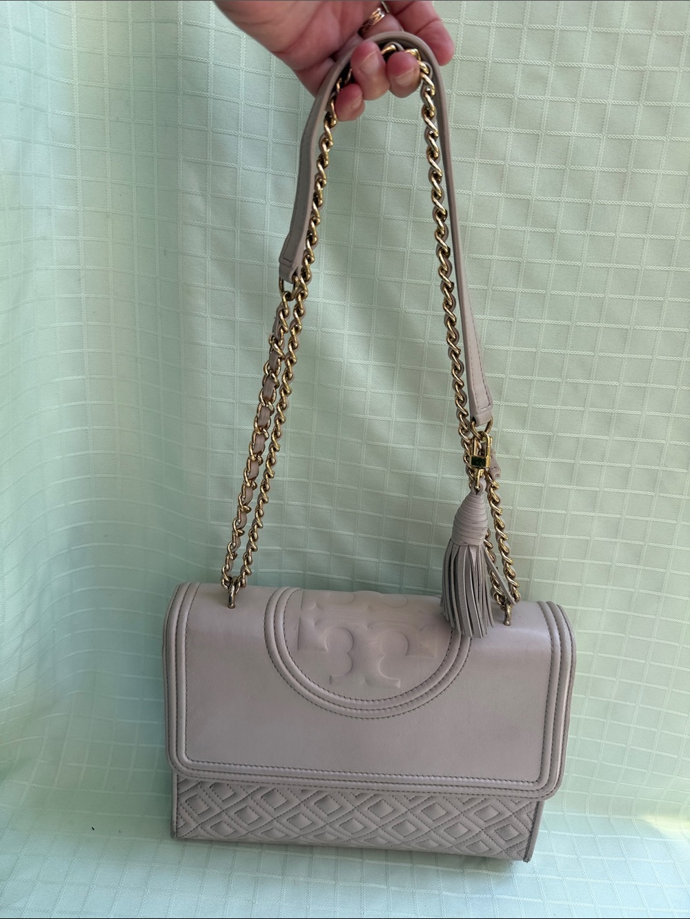 Tory Burch Taupe Leather Fleming Convertible Bag with Tassel and Gold Hardware